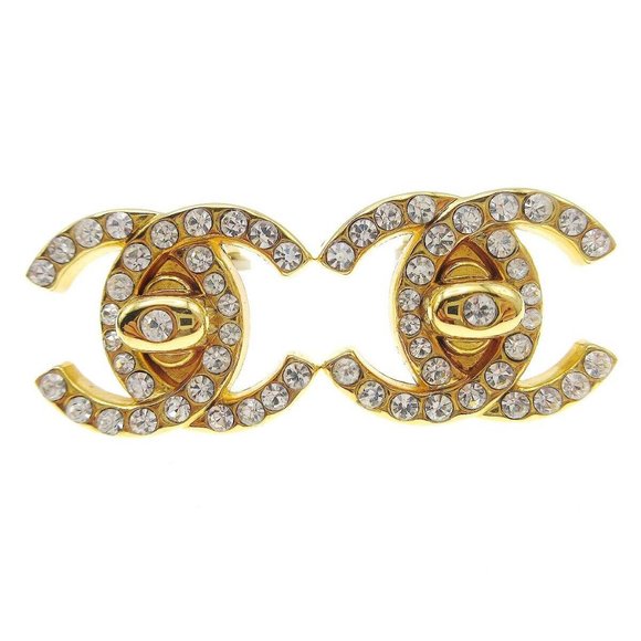 Auth Chanel CC Turnlock Rhinestone Earrings Clip-On Gold Small - Picture 2 of 4